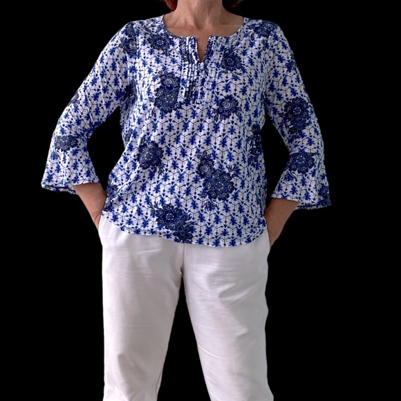 OLSEN Europe women’s top size US 12 white & blue & black floral flared sleeves - Picture 1 of 9